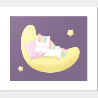 Cute Baby Unicorn Sleeping On The Moon Posters and Art